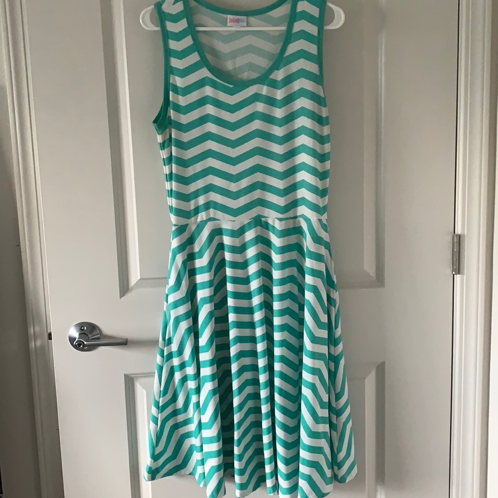 White and blue/green chevron Nicki LuLaRoe dress